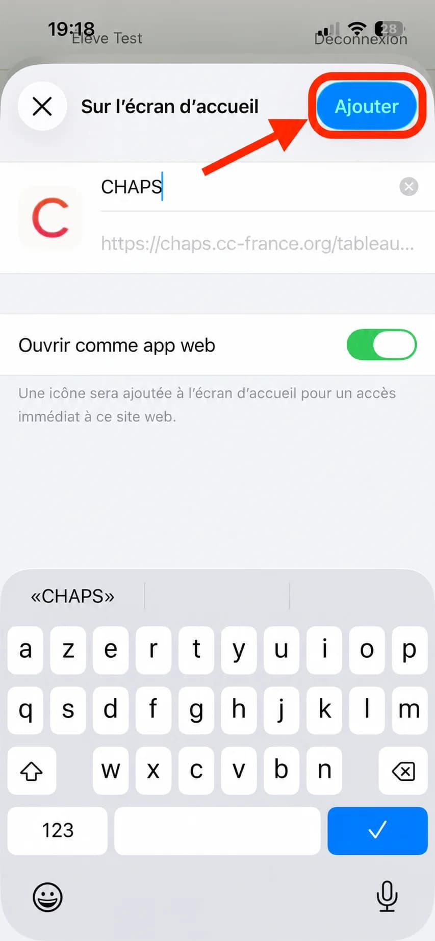 L’écran de confirmation, le bouton « Ajouter » entouré en rouge
